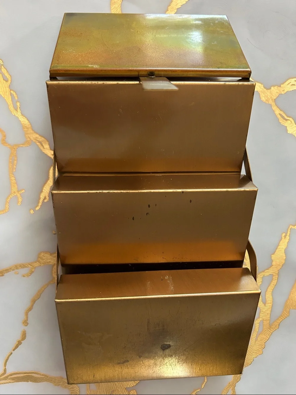 Vintage Brass & Velvet Three-Tier Jewelry Box- Mid-Century Storage Velvet Box